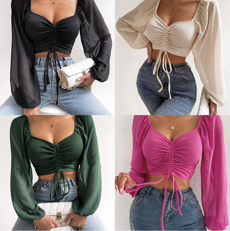 Damen Crop-Top mit strukturiertem Körper und eleganten Puffärmeln