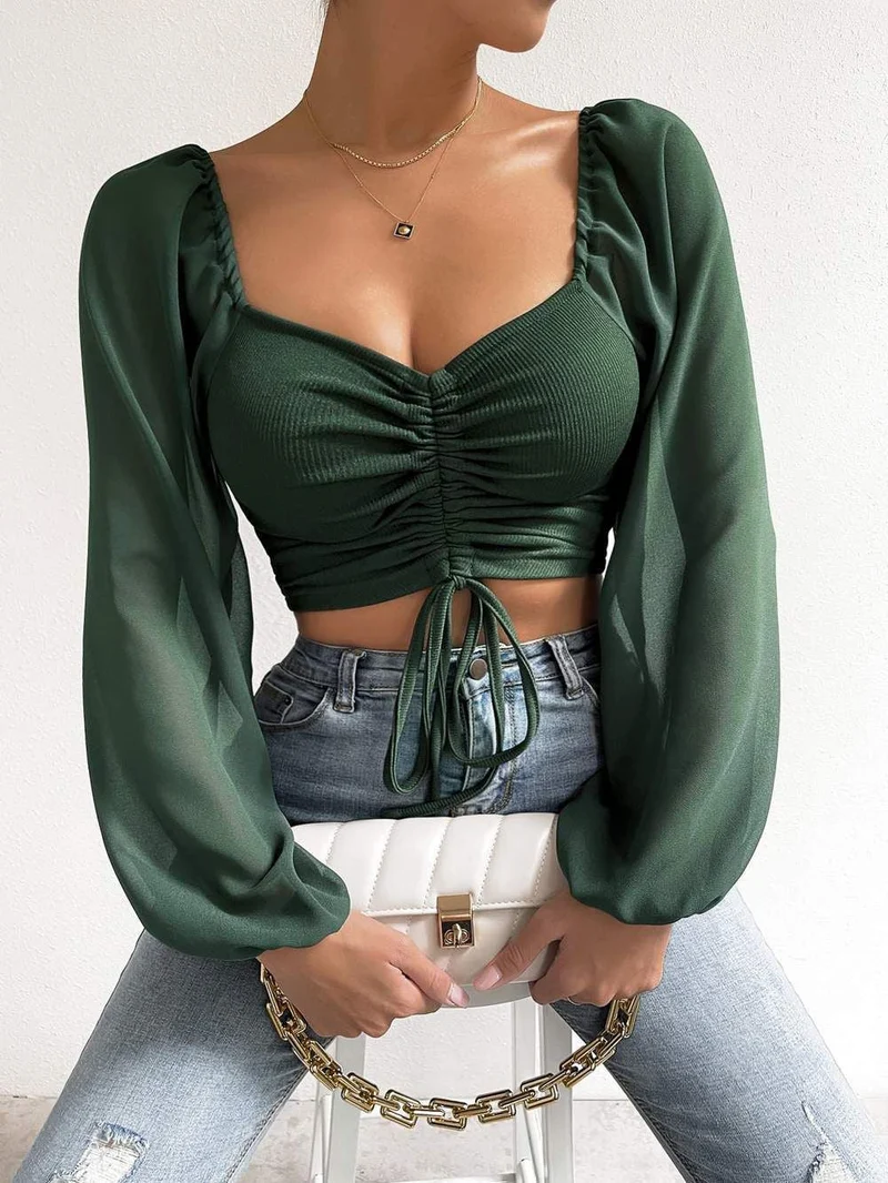 Damen Crop-Top mit strukturiertem Körper und eleganten Puffärmeln