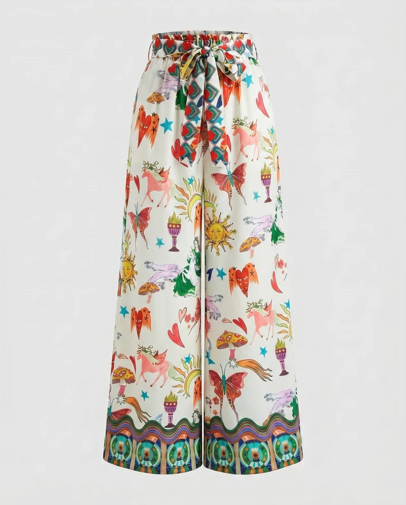 Damen Weite Sommerhose mit buntem, künstlerischem Print