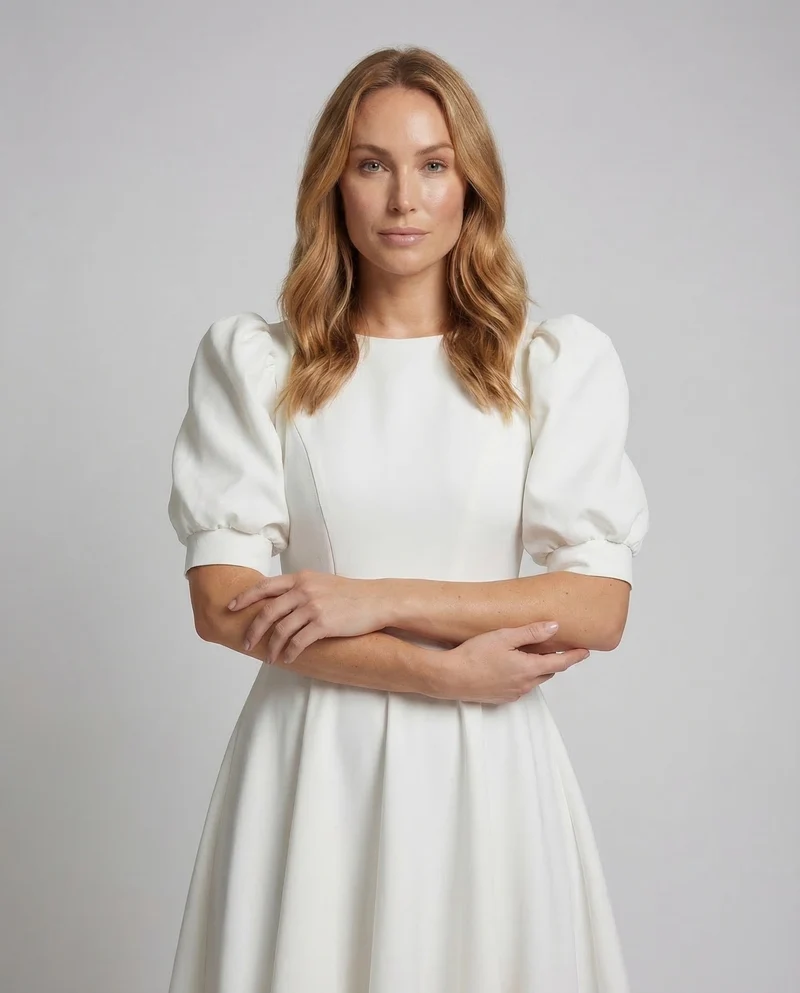 Damen Midikleid Elegant Puffärmel