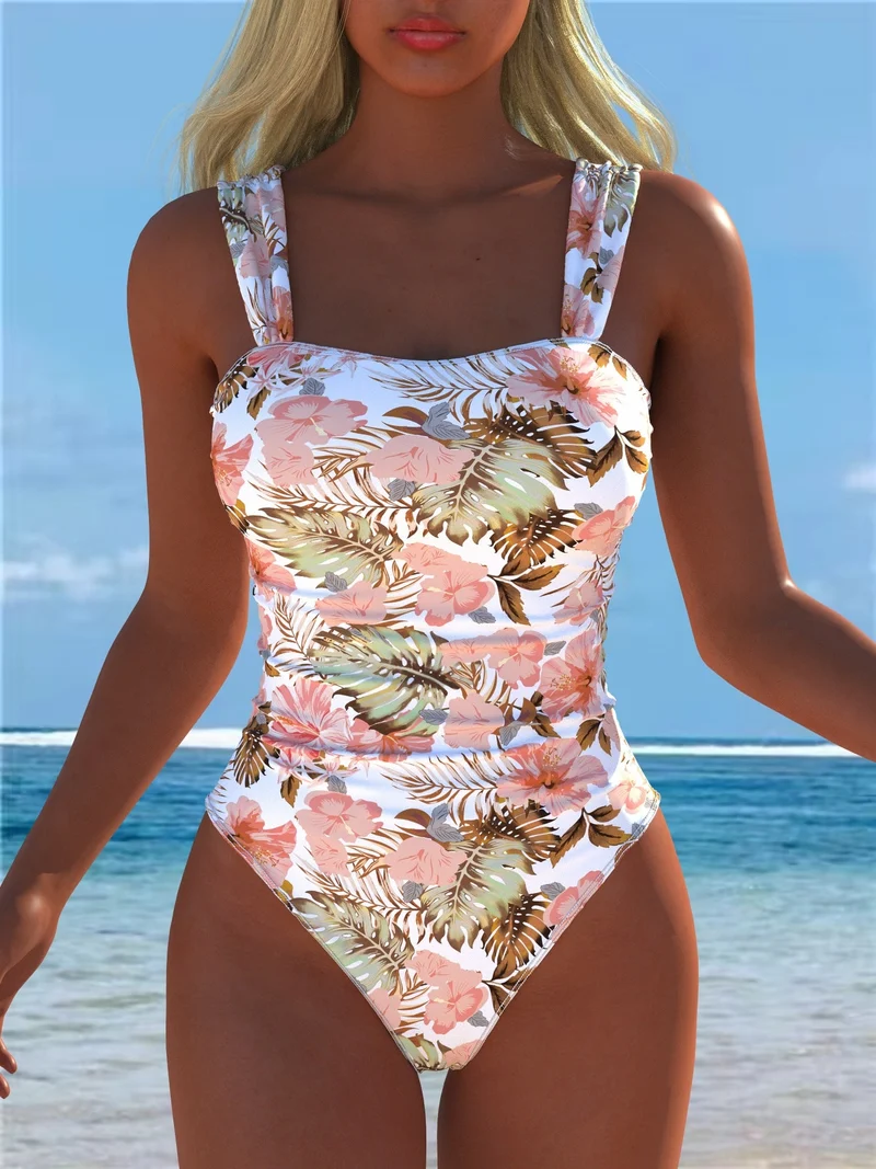 Damen einteiliger Badeanzug mit floraler und tierischer Musterkombination Nord Taschen