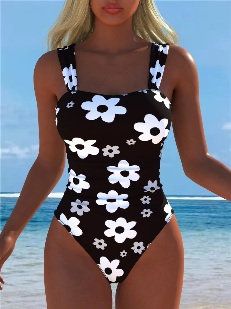 Damen einteiliger Badeanzug mit floraler und tierischer Musterkombination Nord Taschen