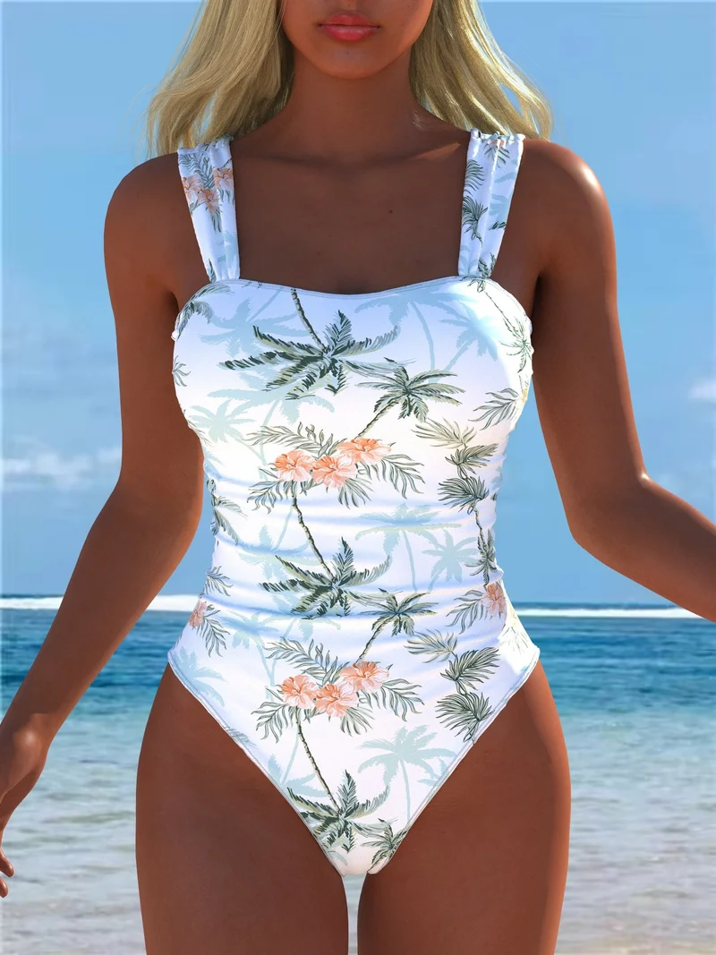 Damen einteiliger Badeanzug mit floraler und tierischer Musterkombination Nord Taschen