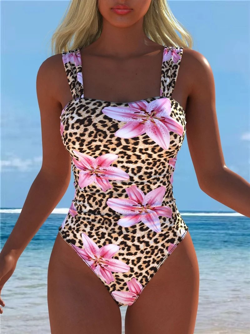 Damen einteiliger Badeanzug mit floraler und tierischer Musterkombination Nord Taschen
