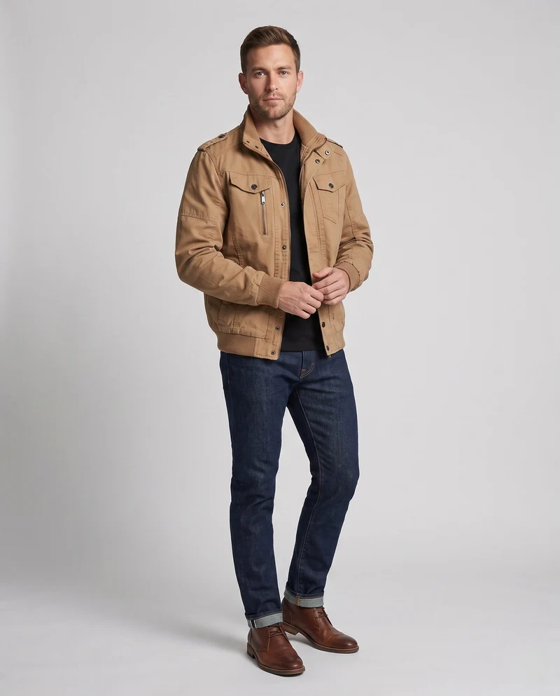 Herren Canvas Field Jacket im Militär-Look mit Stehkragen, Schulterklappen und Brustklapptaschen Nord Taschen