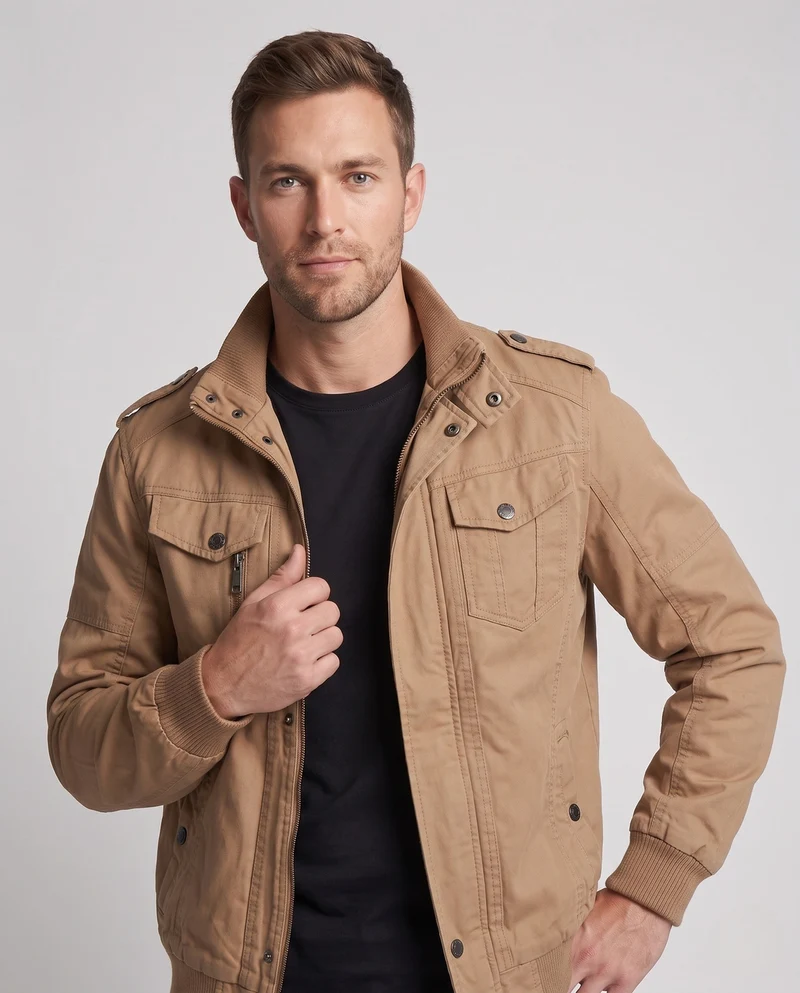 Herren Canvas Field Jacket im Militär-Look mit Stehkragen, Schulterklappen und Brustklapptaschen Nord Taschen