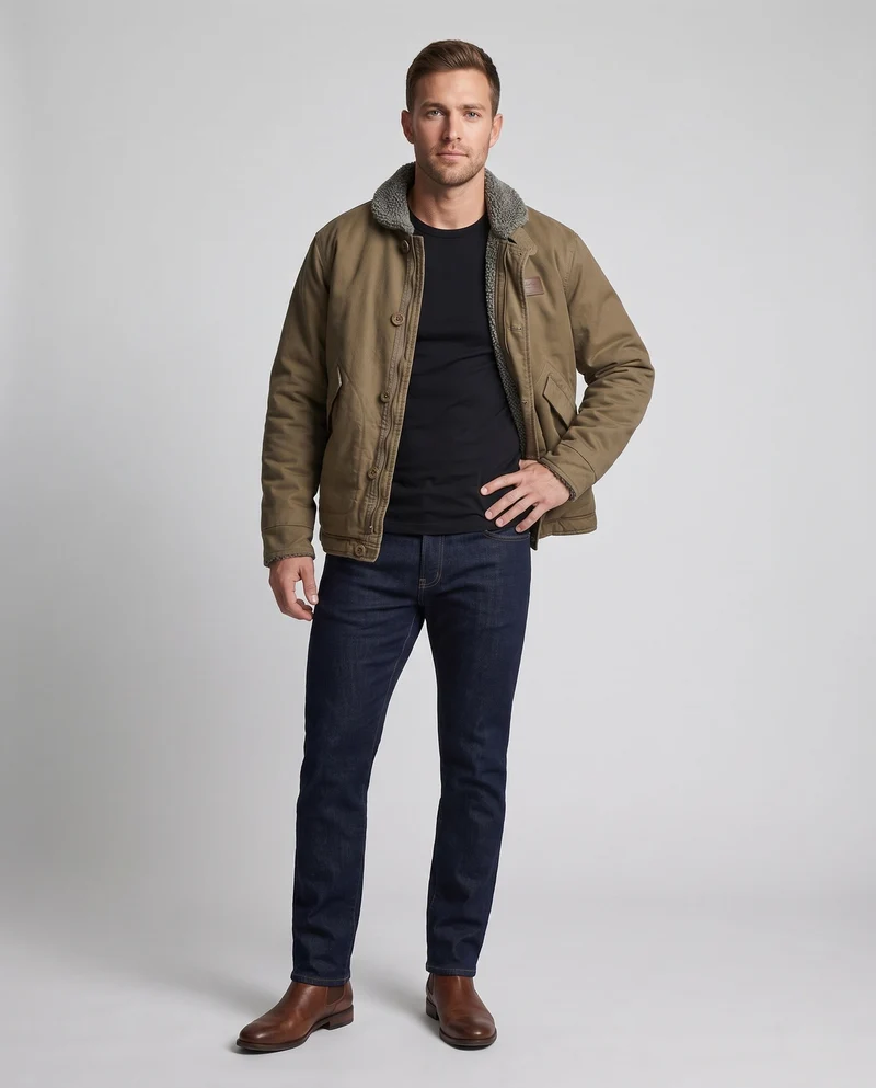 Herren-Canvas-Feldjacke mit Teddyfutter, Stehkragen und verdecktem Reißverschluss Nord Taschen