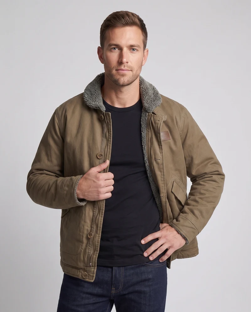 Herren-Canvas-Feldjacke mit Teddyfutter, Stehkragen und verdecktem Reißverschluss Nord Taschen