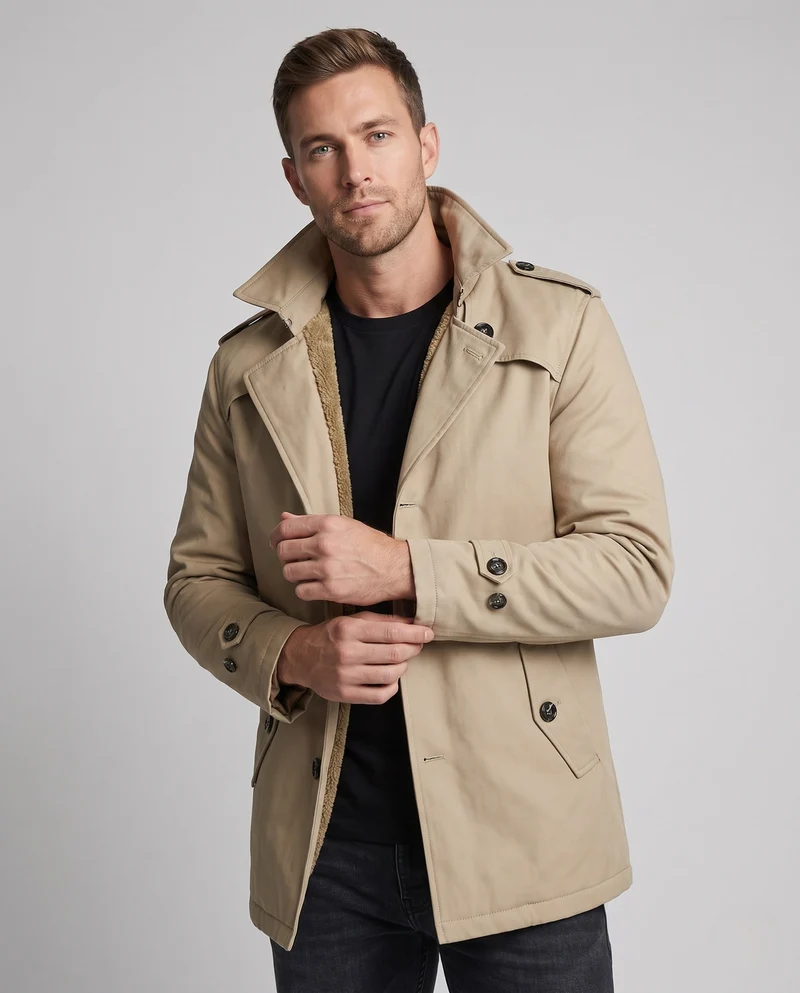 Herren Canvas Feldmantel mit Teddyfutter, Spitzkragen und Schulterklappen Nord Taschen