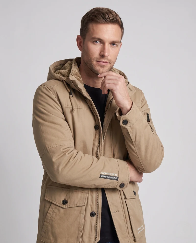 Herren-Canvas-Feldparka mit Teddy-Fleece-Futter, Kapuze und Utility-Taschen Nord Taschen