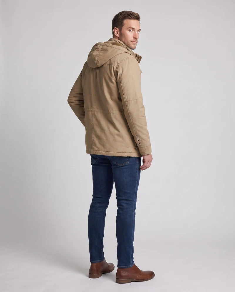 Herren-Canvas-Feldparka mit Teddy-Fleece-Futter, Kapuze und Utility-Taschen Nord Taschen
