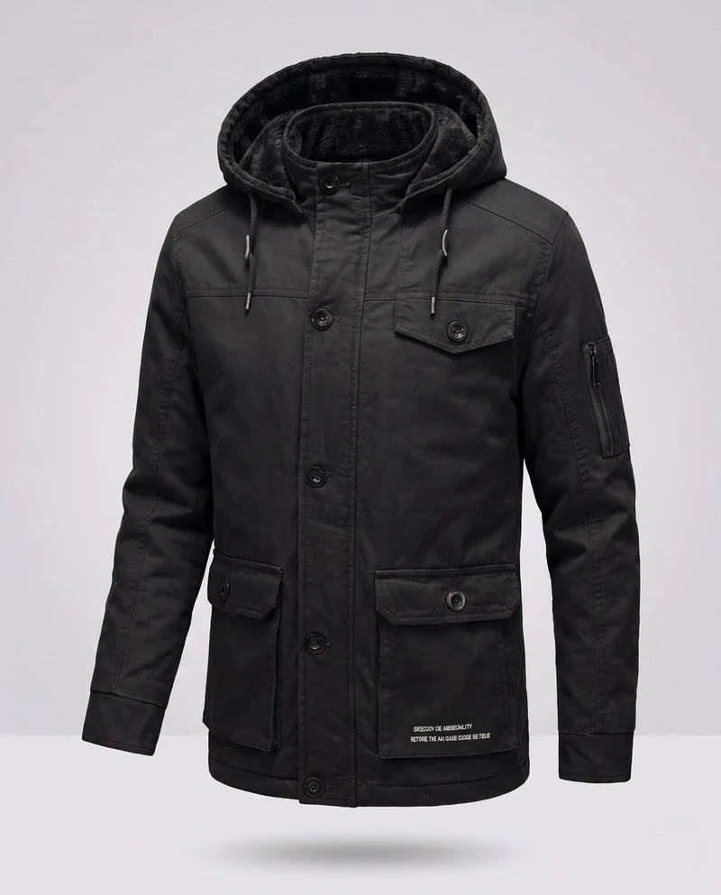 Herren-Canvas-Feldparka mit Teddy-Fleece-Futter, Kapuze und Utility-Taschen Nord Taschen
