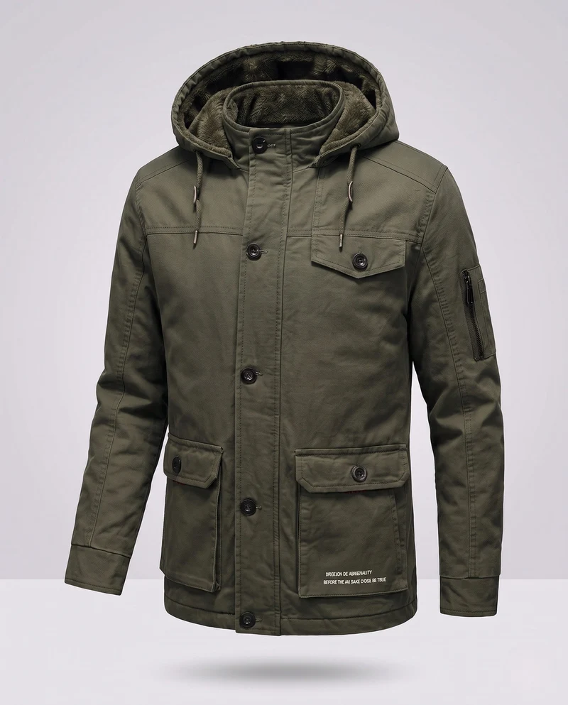 Herren-Canvas-Feldparka mit Teddy-Fleece-Futter, Kapuze und Utility-Taschen Nord Taschen