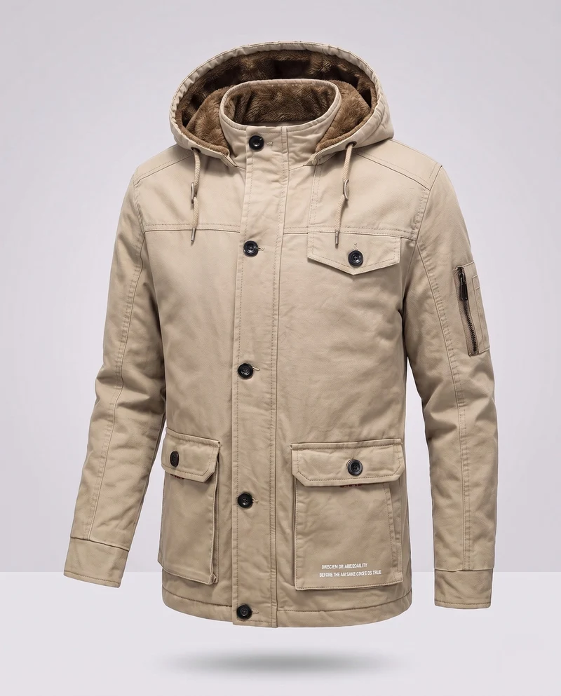 Herren-Canvas-Feldparka mit Teddy-Fleece-Futter, Kapuze und Utility-Taschen Nord Taschen