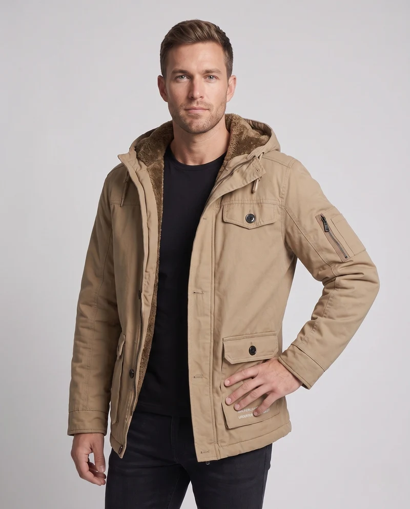 Herren Canvas Utility Parka mit wärmendem Teddyfutter Saum, Kapuze und multifunktionalen Taschen Nord Taschen