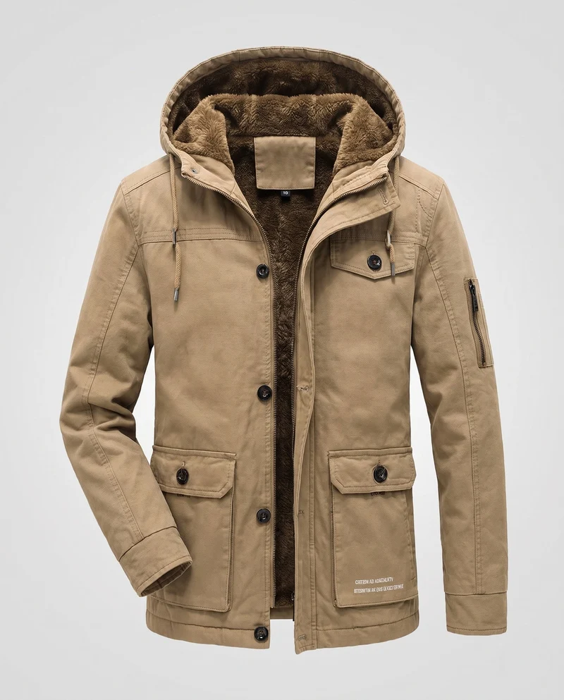 Herren Canvas Utility Parka mit wärmendem Teddyfutter Saum, Kapuze und multifunktionalen Taschen Nord Taschen