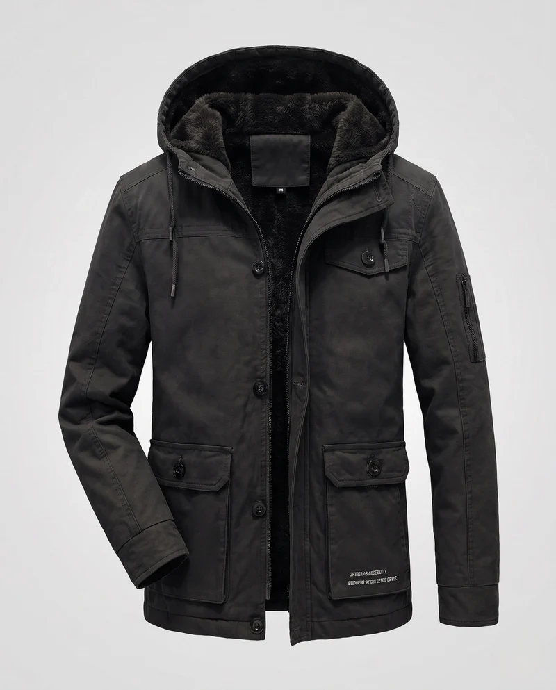 Herren Canvas Utility Parka mit wärmendem Teddyfutter Saum, Kapuze und multifunktionalen Taschen Nord Taschen