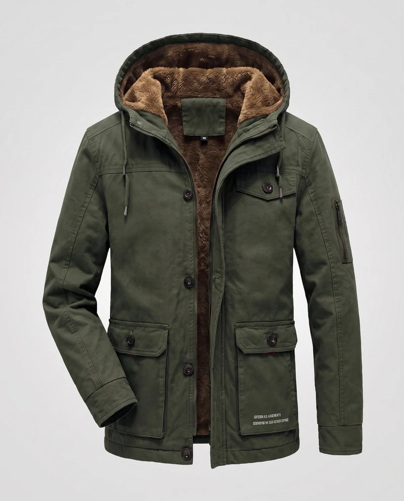 Herren Canvas Utility Parka mit wärmendem Teddyfutter Saum, Kapuze und multifunktionalen Taschen Nord Taschen