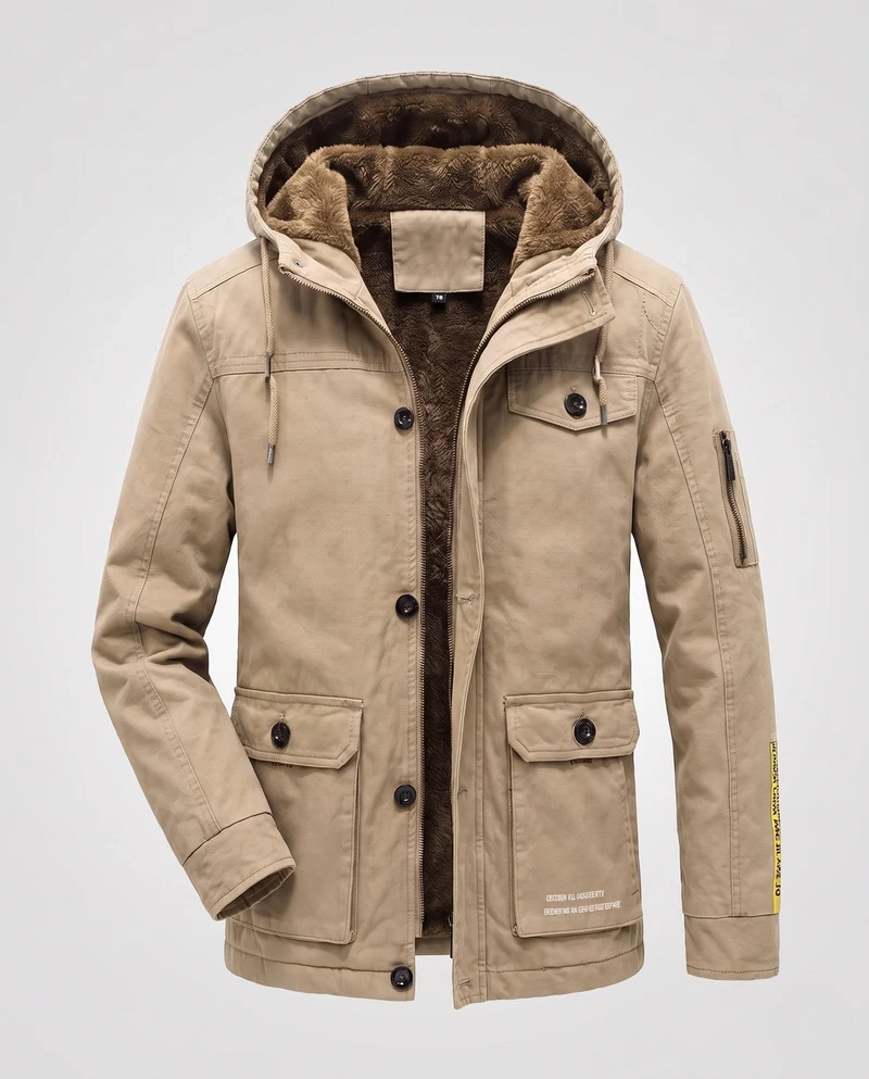 Herren Canvas Utility Parka mit wärmendem Teddyfutter Saum, Kapuze und multifunktionalen Taschen Nord Taschen