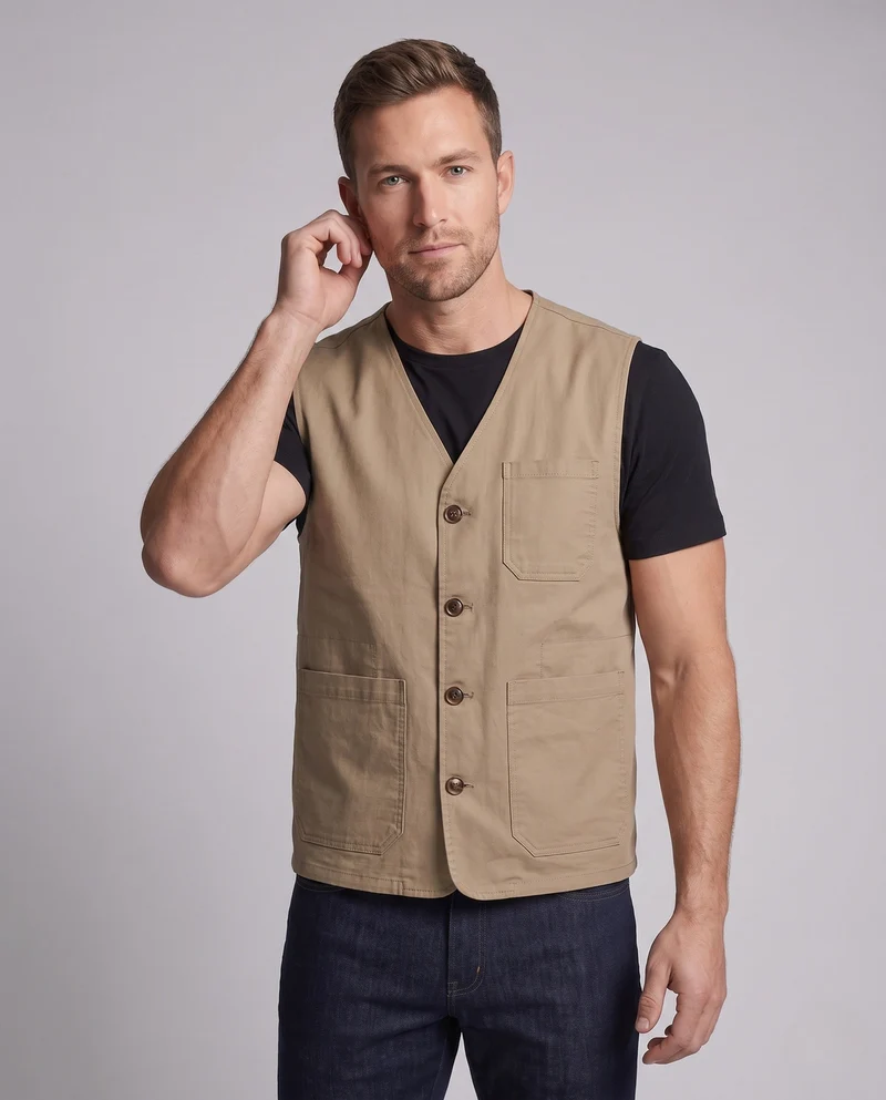 Herren-Canvas-Weste im Utility-Stil mit Knopfleiste und Pattenaschen Nord Taschen