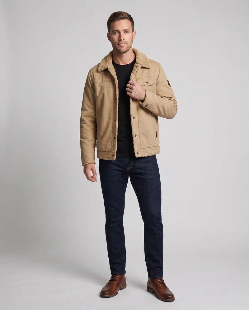 Herren-Canvas-Jacke mit durchgehendem Teddy-Futter und Reverskragen Nord Taschen
