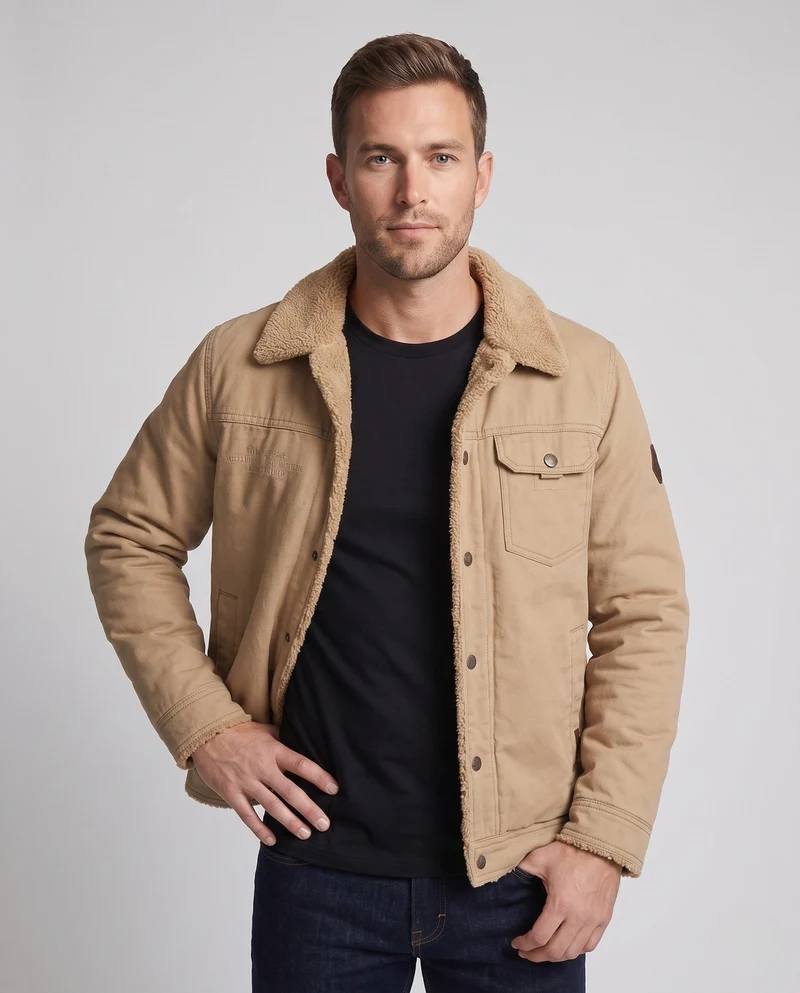 Herren-Canvas-Jacke mit durchgehendem Teddy-Futter und Reverskragen Nord Taschen