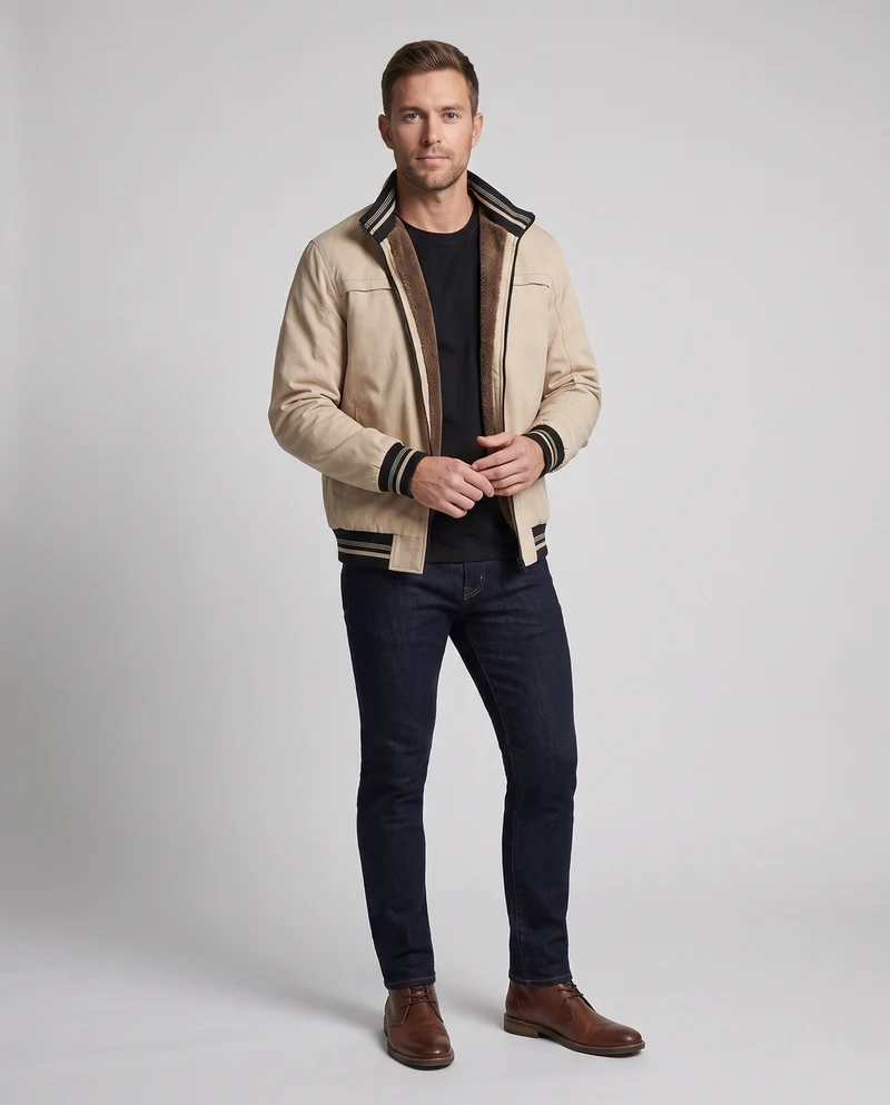 Herren Casual Field Blouson mit durchgehender, wärmespeichernder Teddy-Fleece-Fütterung, Stehkragen und gestreiften Bündchen Nord Taschen
