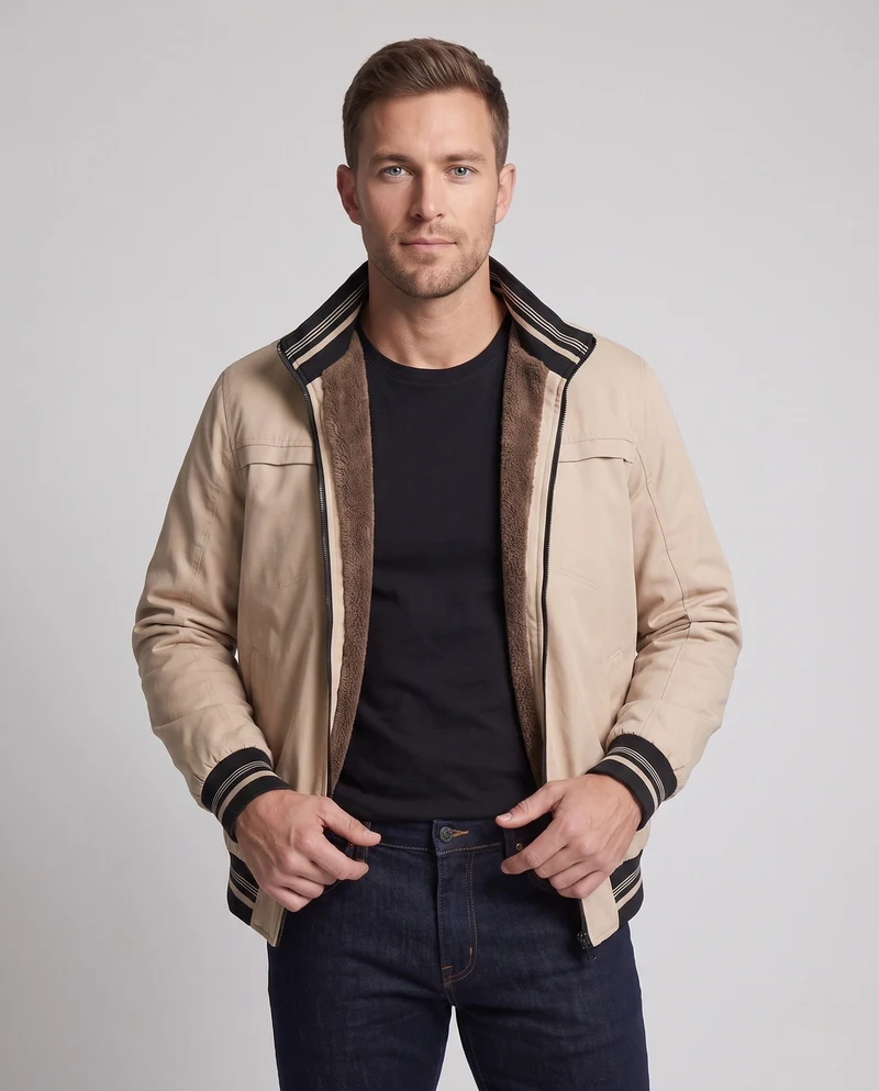 Herren Casual Field Blouson mit durchgehender, wärmespeichernder Teddy-Fleece-Fütterung, Stehkragen und gestreiften Bündchen Nord Taschen