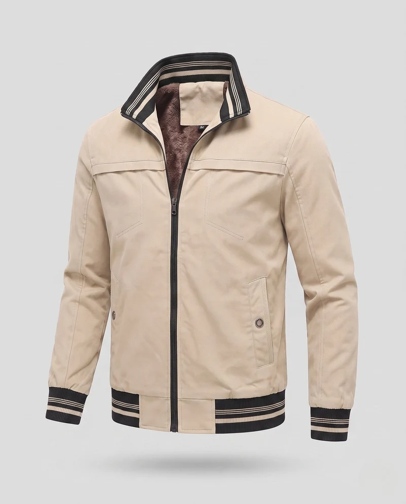 Herren Casual Field Blouson mit durchgehender, wärmespeichernder Teddy-Fleece-Fütterung, Stehkragen und gestreiften Bündchen Nord Taschen