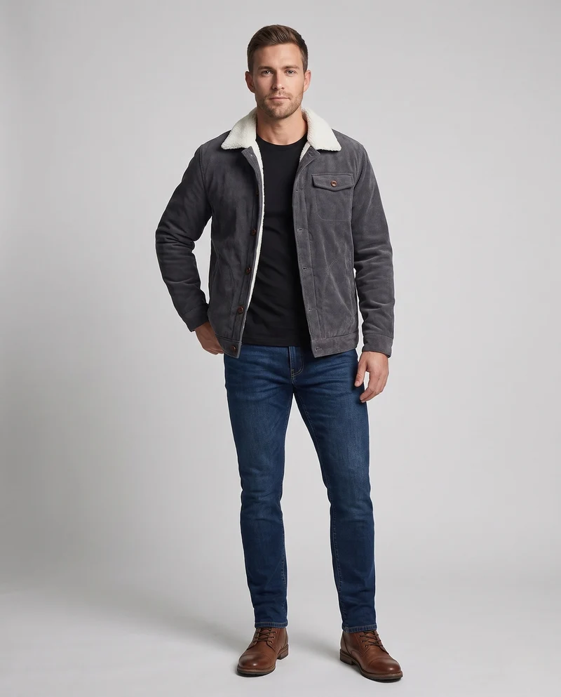 Herren Cord Arbeitsjacke mit vollem Sherpa-Futter, Hemdkragen und Seitentaschen Nord Taschen