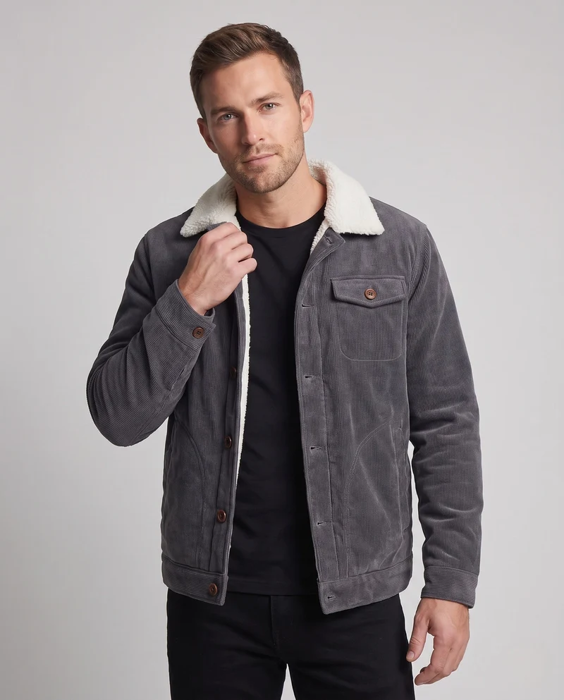 Herren Cord Arbeitsjacke mit vollem Sherpa-Futter, Hemdkragen und Seitentaschen Nord Taschen