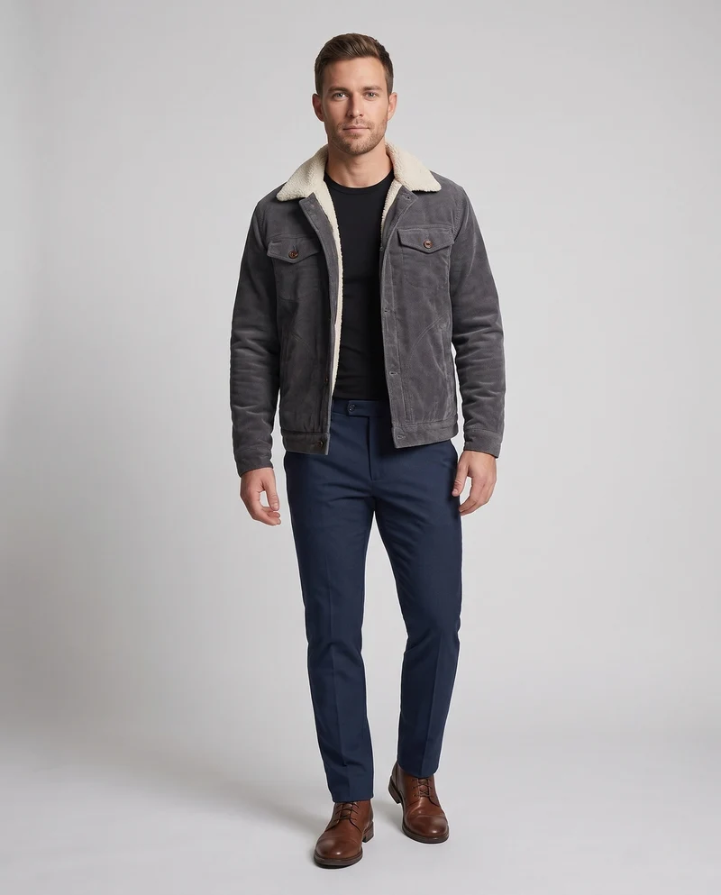Herren Cordjacke im Trucker-Stil mit ganzflächigem Sherpa-Futter und Teddy-Kragen Nord Taschen