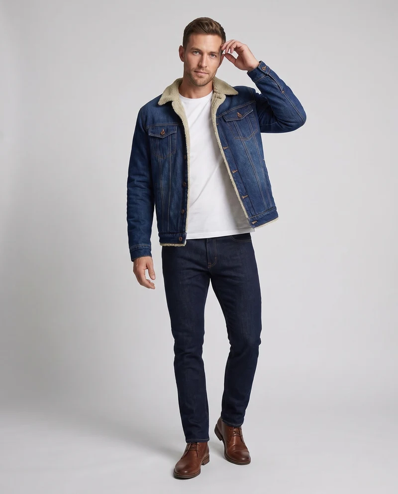 Herren Jeans Truckerjacke mit Teddyfutter, klassischem Hemdkragen und Knopfleiste Nord Taschen