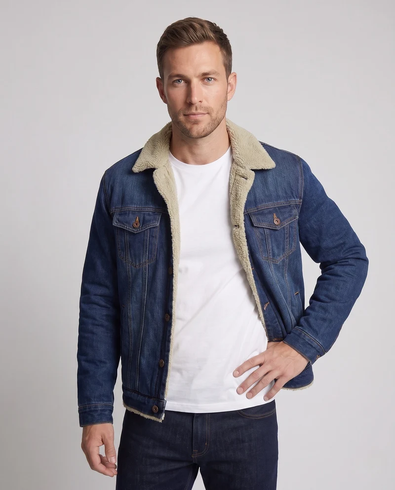 Herren Jeans Truckerjacke mit Teddyfutter, klassischem Hemdkragen und Knopfleiste Nord Taschen