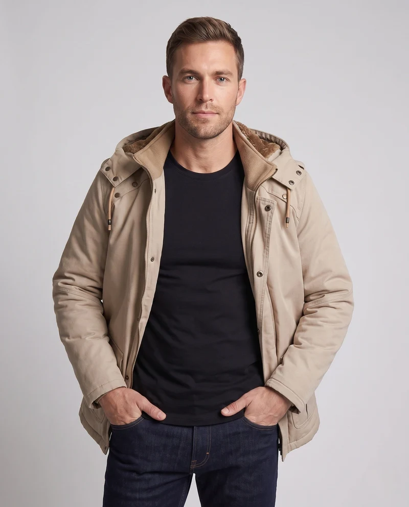 Herren Feldparka im Canvas-Look mit wärmendem Teddy-Fleece-Futter und Utility-Taschen Nord Taschen