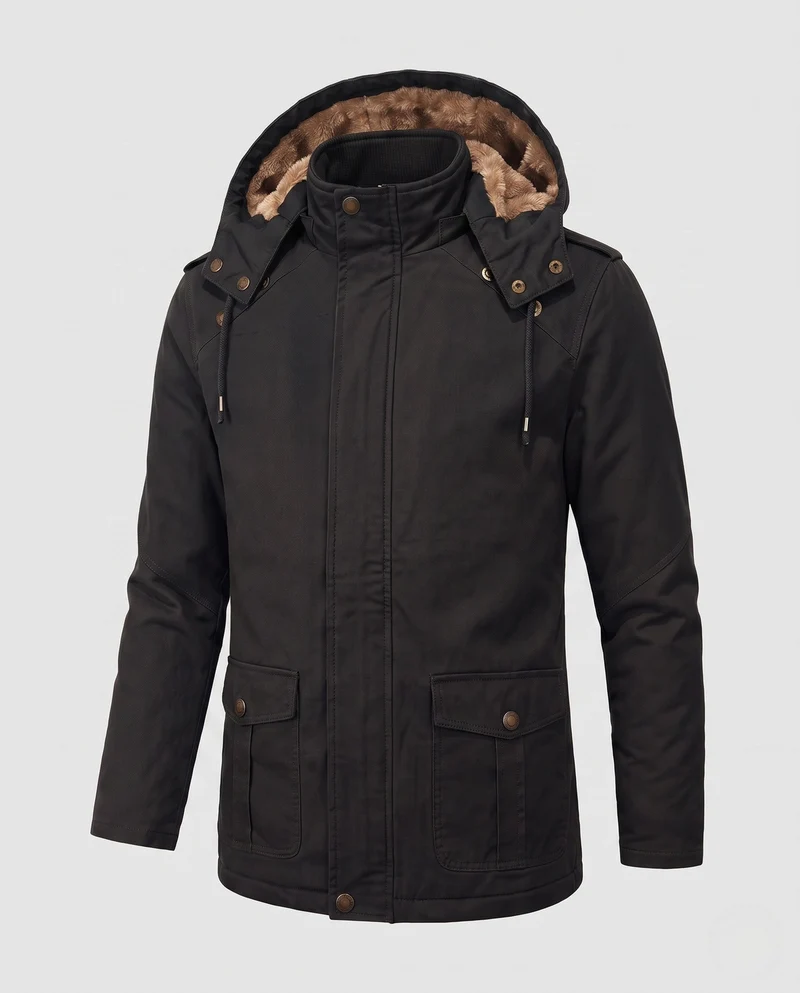 Herren Feldparka im Canvas-Look mit wärmendem Teddy-Fleece-Futter und Utility-Taschen Nord Taschen
