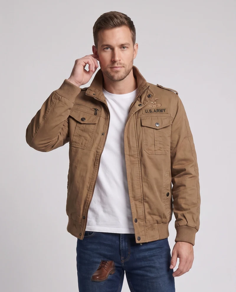 Herren Feld-Bomberjacke im militärischen Look mit Stehkragen und Schulterklappen Nord Taschen