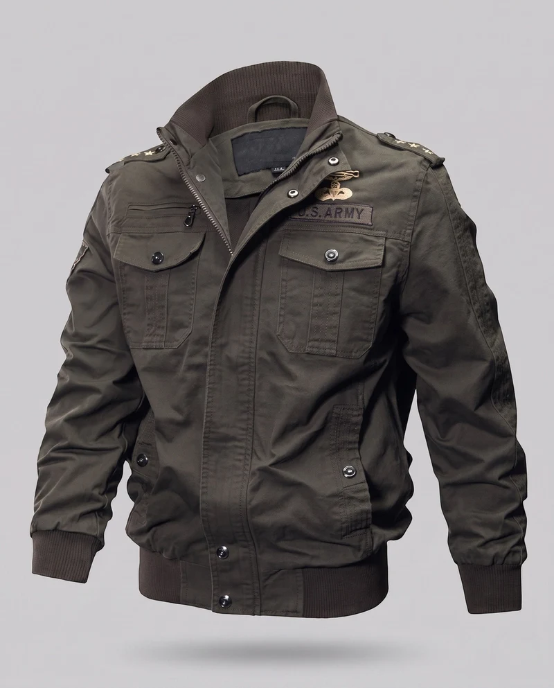 Herren Feld-Bomberjacke im militärischen Look mit Stehkragen und Schulterklappen Nord Taschen