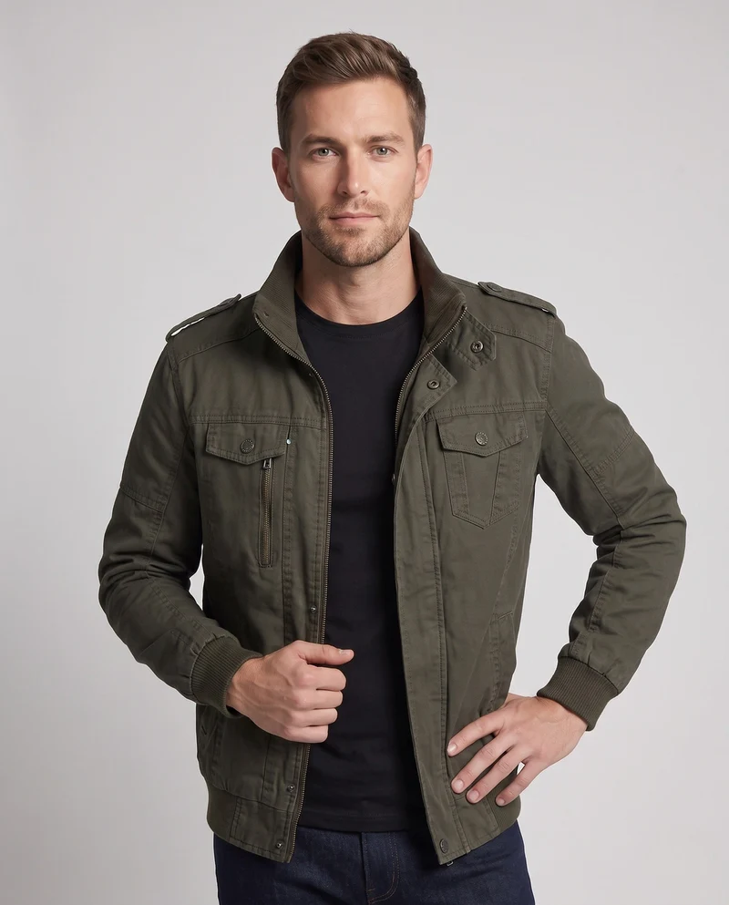 Herren-Feldjacke im militärischen Canvas-Stil mit Stehkragen und Multifunktions-Taschen Nord Taschen