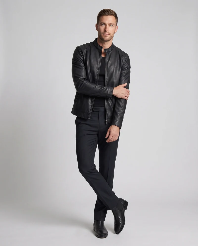 Herren maßgeschneiderte Kunstlederjacke im Biker Blouson Stil mit Stehkragen und Reißverschluss Nord Taschen