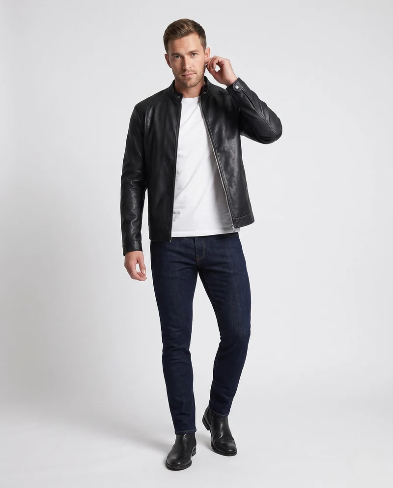Herren Fitted Kunstlederjacke mit Stehkragen und thermischer Fütterung Nord Taschen