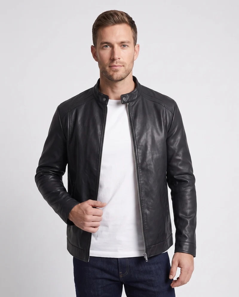 Herren Fitted Kunstlederjacke mit Stehkragen und thermischer Fütterung Nord Taschen