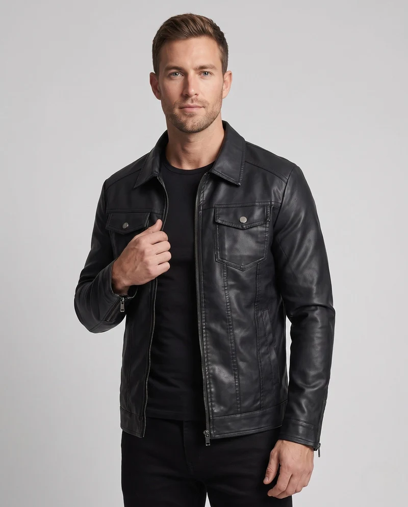 Herren Fitted Kunstlederjacke mit thermischer Fütterung und Brustklappentaschen Nord Taschen