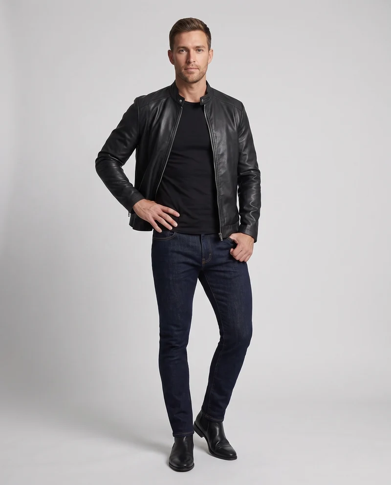 Herren enganliegendes Kunstleder-Motorradjacke mit kurzem Stehkragen und zentralem Metallreißverschluss Nord Taschen