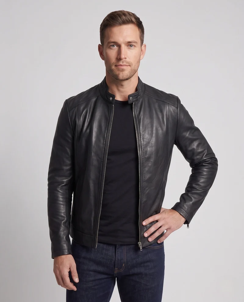 Herren enganliegendes Kunstleder-Motorradjacke mit kurzem Stehkragen und zentralem Metallreißverschluss Nord Taschen