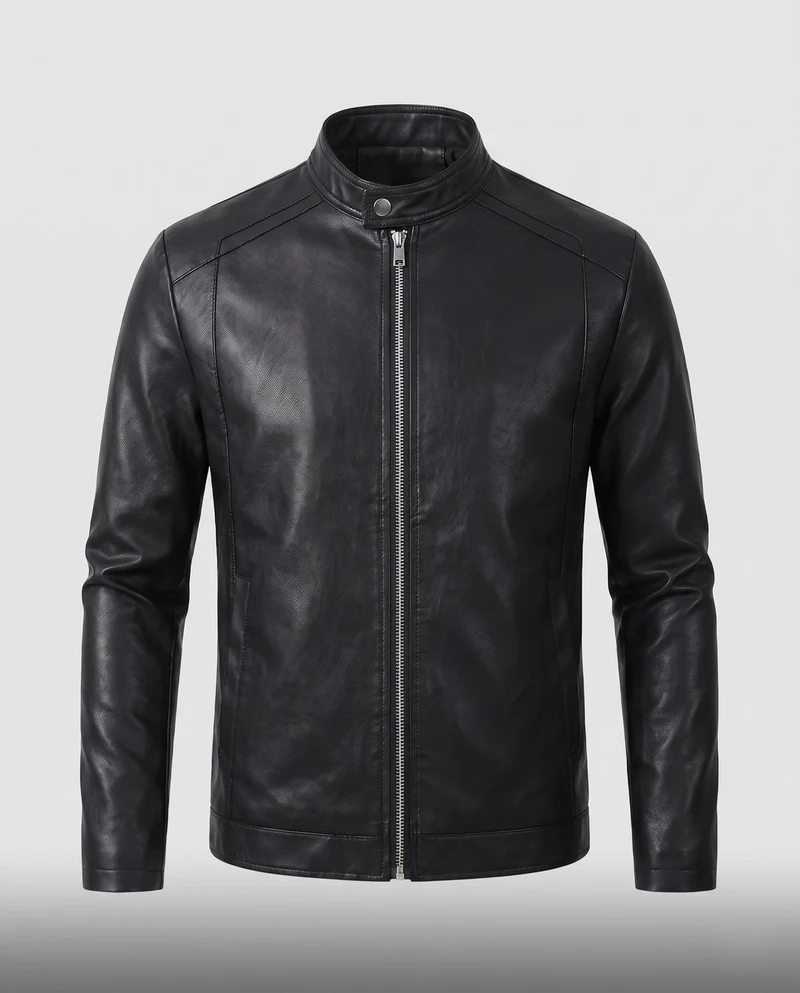 Herren enganliegendes Kunstleder-Motorradjacke mit kurzem Stehkragen und zentralem Metallreißverschluss Nord Taschen