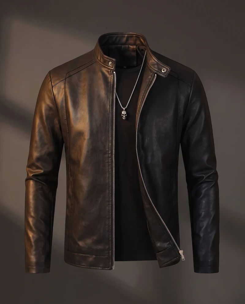 Herren enganliegendes Kunstleder-Motorradjacke mit kurzem Stehkragen und zentralem Metallreißverschluss Nord Taschen