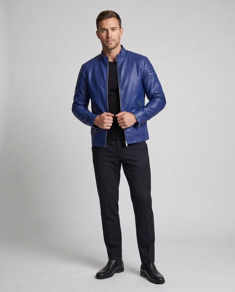 Herren Fitted Lederlook Motorradjacke mit vertikalem Reißverschluss und gepolsterten Schulterpaneelen Nord Taschen