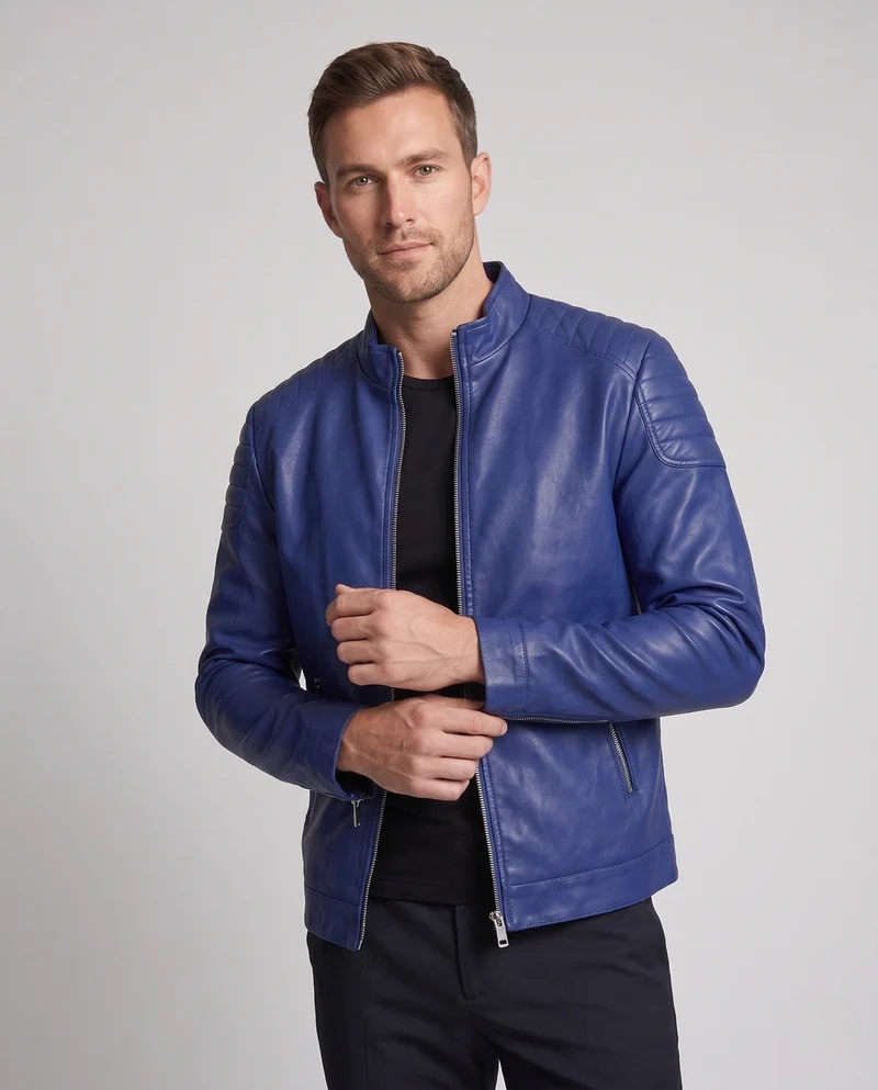 Herren Fitted Lederlook Motorradjacke mit vertikalem Reißverschluss und gepolsterten Schulterpaneelen Nord Taschen