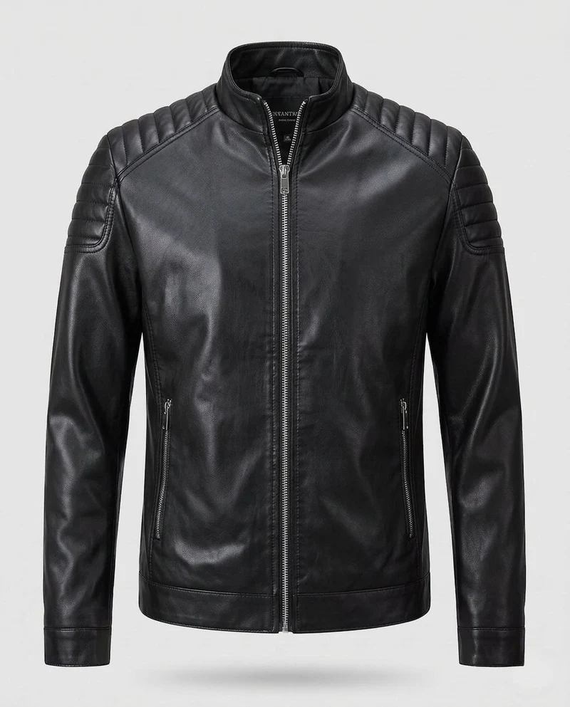 Herren Fitted Lederlook Motorradjacke mit vertikalem Reißverschluss und gepolsterten Schulterpaneelen Nord Taschen